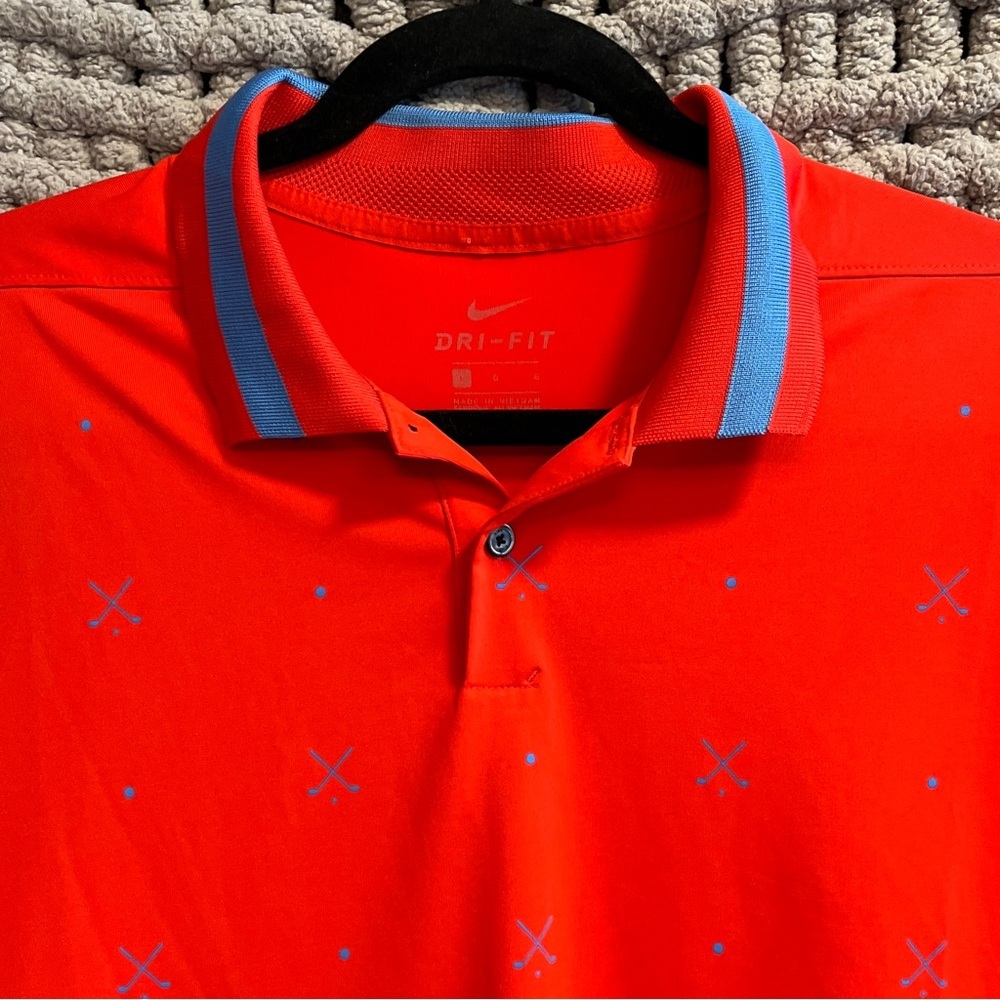 Nike Vibrant Red Polo Golf Shirt with Geometric Pattern Size Large